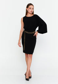 Asymmetric One-Sleeve Midi Dress with Chain Belt
