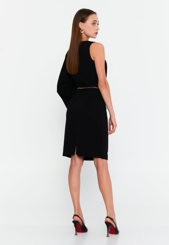 Asymmetric One-Sleeve Midi Dress with Chain Belt