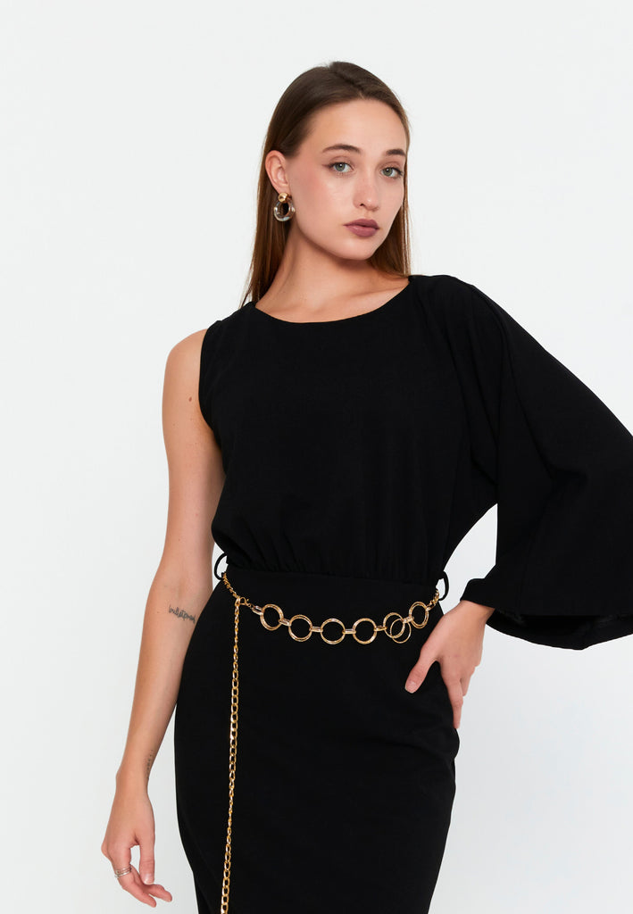 Asymmetric One-Sleeve Midi Dress with Chain Belt
