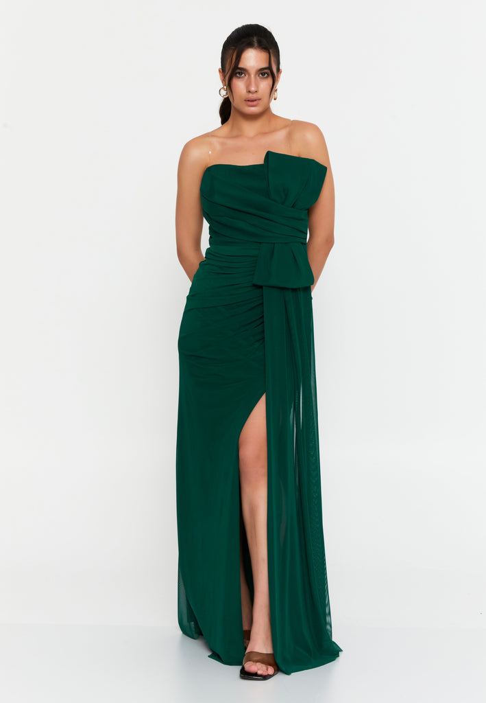 Strapless Slim-Fit Maxi Gown with Waist Detail and High Slit