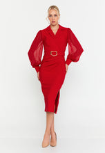 Load image into Gallery viewer, V-Neck Midi Dress with Waist Ring Detail and Sheer Chiffon Sleeves