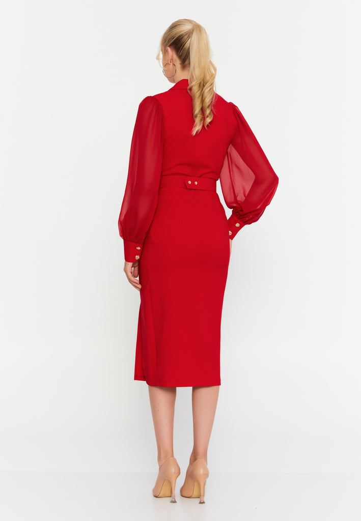 V-Neck Midi Dress with Waist Ring Detail and Sheer Chiffon Sleeves