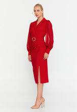 Load image into Gallery viewer, V-Neck Midi Dress with Waist Ring Detail and Sheer Chiffon Sleeves