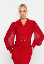 Load image into Gallery viewer, V-Neck Midi Dress with Waist Ring Detail and Sheer Chiffon Sleeves