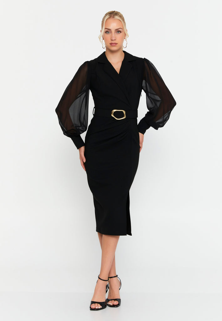 V-Neck Midi Dress with Waist Ring Detail and Sheer Chiffon Sleeves