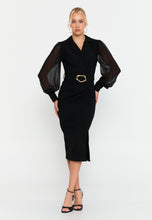 Load image into Gallery viewer, V-Neck Midi Dress with Waist Ring Detail and Sheer Chiffon Sleeves