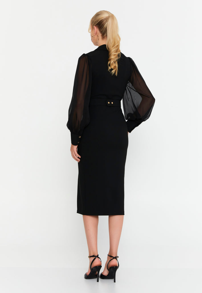 V-Neck Midi Dress with Waist Ring Detail and Sheer Chiffon Sleeves