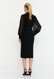 V-Neck Midi Dress with Waist Ring Detail and Sheer Chiffon Sleeves