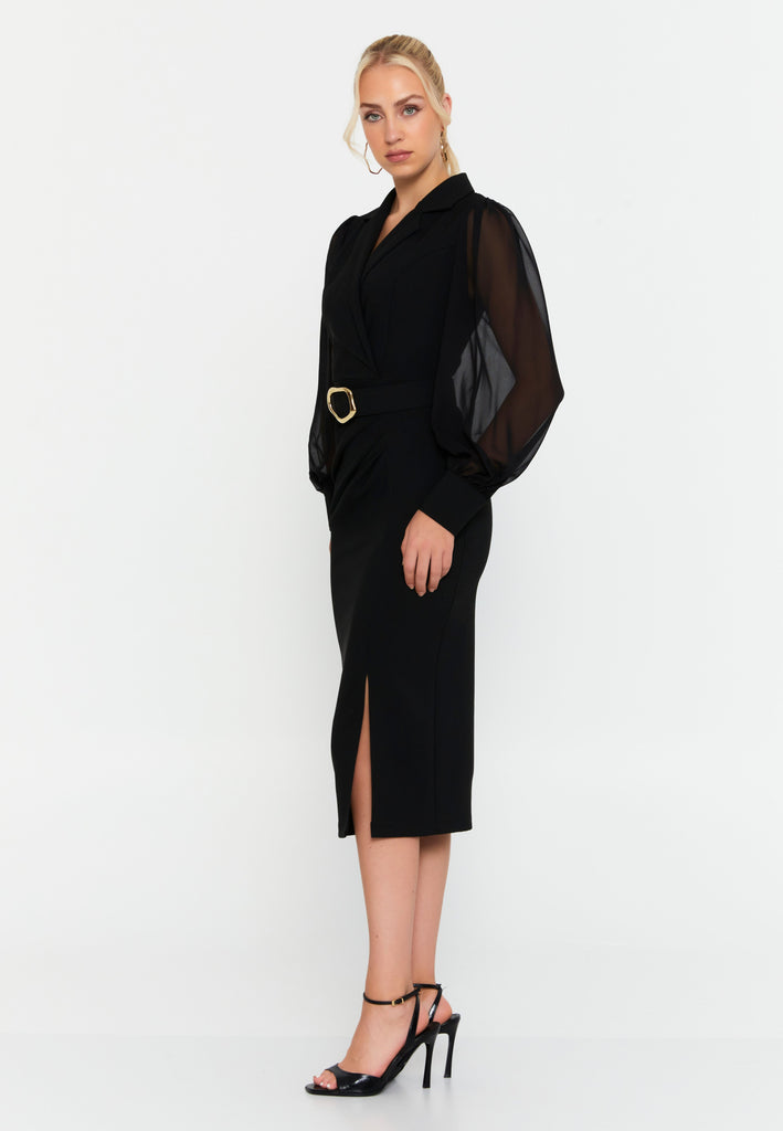 V-Neck Midi Dress with Waist Ring Detail and Sheer Chiffon Sleeves