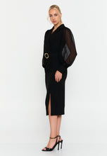 Load image into Gallery viewer, V-Neck Midi Dress with Waist Ring Detail and Sheer Chiffon Sleeves