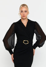 Load image into Gallery viewer, V-Neck Midi Dress with Waist Ring Detail and Sheer Chiffon Sleeves