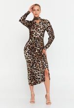 Load image into Gallery viewer, High-Neck Slim-Fit Midi Dress with Front Slit