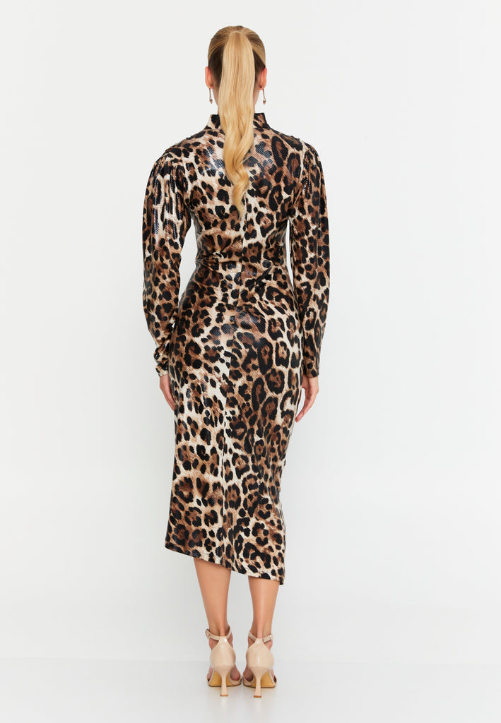 High-Neck Slim-Fit Midi Dress with Front Slit