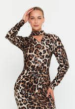 Load image into Gallery viewer, High-Neck Slim-Fit Midi Dress with Front Slit