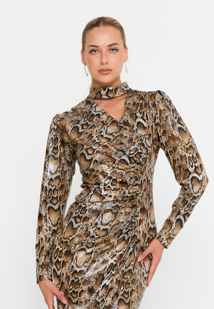 High-Neck Slim-Fit Midi Dress with Front Slit