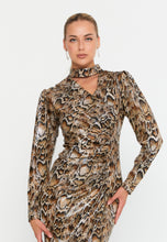 Load image into Gallery viewer, High-Neck Slim-Fit Midi Dress with Front Slit