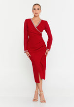Load image into Gallery viewer, Elegant Midi Dress with Ruffle Sleeves, Waist Belt, and Fitted Silhouette