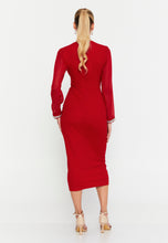 Load image into Gallery viewer, Elegant Midi Dress with Ruffle Sleeves, Waist Belt, and Fitted Silhouette