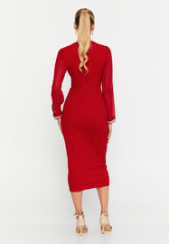 Elegant Midi Dress with Ruffle Sleeves, Waist Belt, and Fitted Silhouette