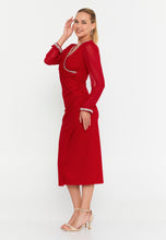 Load image into Gallery viewer, Elegant Midi Dress with Ruffle Sleeves, Waist Belt, and Fitted Silhouette