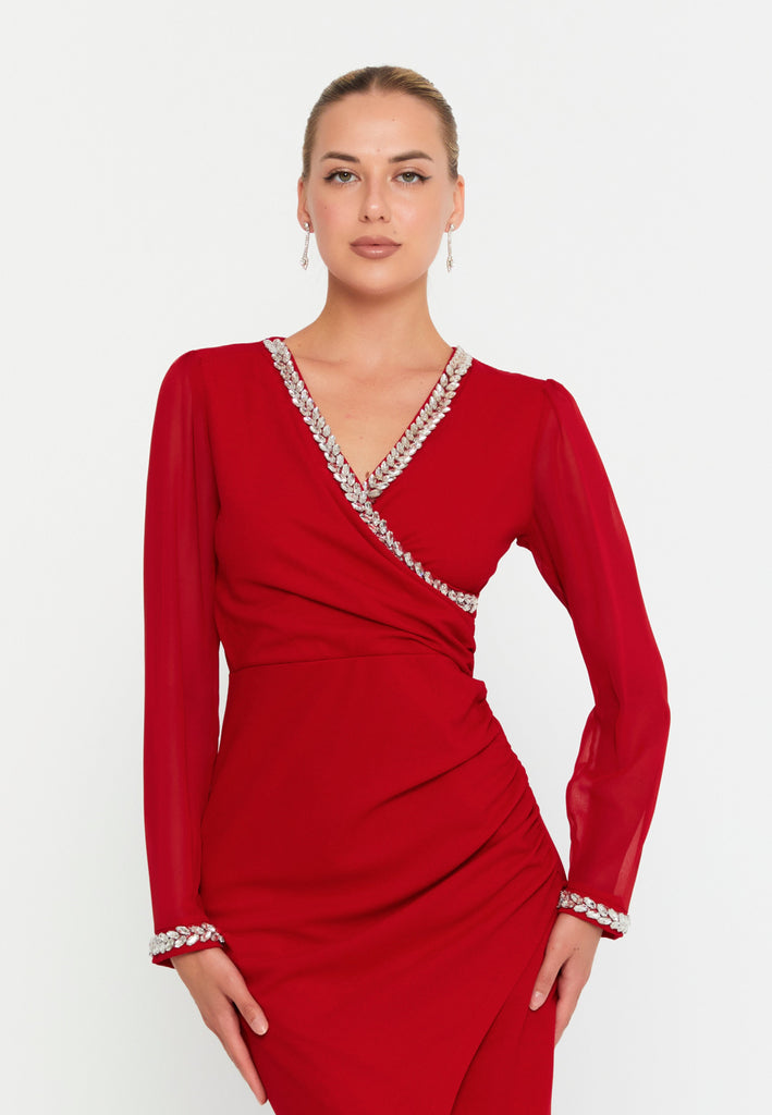 Elegant Midi Dress with Ruffle Sleeves, Waist Belt, and Fitted Silhouette