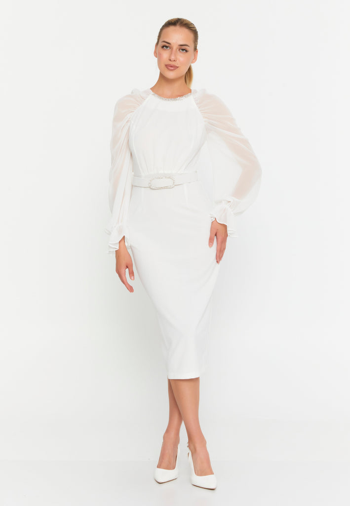 Round-Neck Midi Dress with Sheer Chiffon Sleeves, Waist Ring Detail, and Front Slit