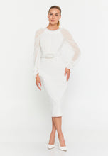 Load image into Gallery viewer, Round-Neck Midi Dress with Sheer Chiffon Sleeves, Waist Ring Detail, and Front Slit