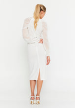 Load image into Gallery viewer, Round-Neck Midi Dress with Sheer Chiffon Sleeves, Waist Ring Detail, and Front Slit