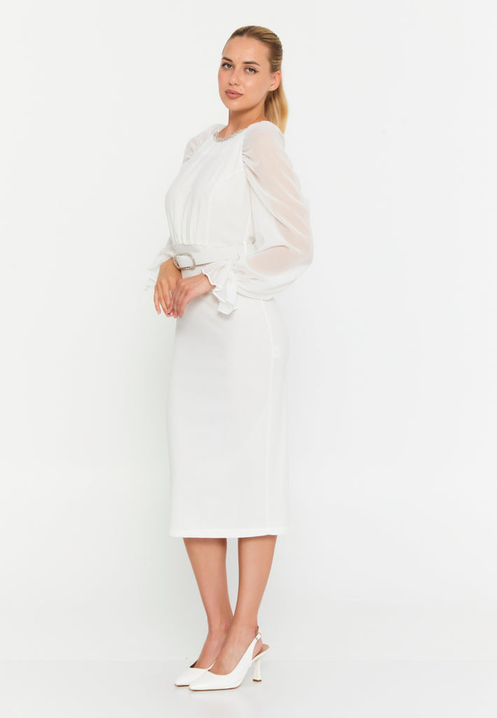Round-Neck Midi Dress with Sheer Chiffon Sleeves, Waist Ring Detail, and Front Slit