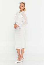 Load image into Gallery viewer, Round-Neck Midi Dress with Sheer Chiffon Sleeves, Waist Ring Detail, and Front Slit