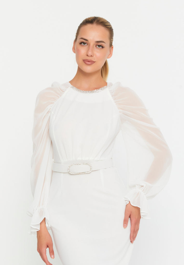 Round-Neck Midi Dress with Sheer Chiffon Sleeves, Waist Ring Detail, and Front Slit