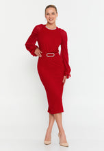 Load image into Gallery viewer, Round-Neck Midi Dress with Sheer Chiffon Sleeves, Waist Ring Detail, and Front Slit