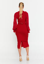 Load image into Gallery viewer, Round-Neck Midi Dress with Sheer Chiffon Sleeves, Waist Ring Detail, and Front Slit