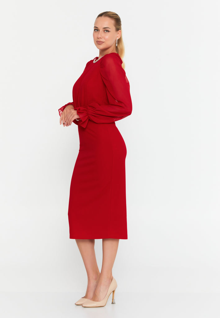 Round-Neck Midi Dress with Sheer Chiffon Sleeves, Waist Ring Detail, and Front Slit