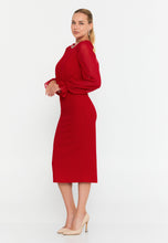 Load image into Gallery viewer, Round-Neck Midi Dress with Sheer Chiffon Sleeves, Waist Ring Detail, and Front Slit