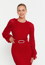 Load image into Gallery viewer, Round-Neck Midi Dress with Sheer Chiffon Sleeves, Waist Ring Detail, and Front Slit