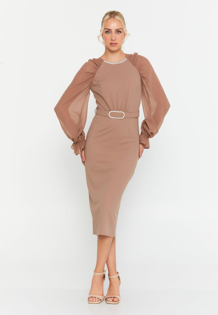 Round-Neck Midi Dress with Sheer Chiffon Sleeves, Waist Ring Detail, and Front Slit