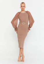 Load image into Gallery viewer, Round-Neck Midi Dress with Sheer Chiffon Sleeves, Waist Ring Detail, and Front Slit