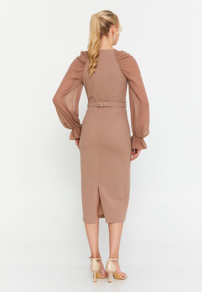 Round-Neck Midi Dress with Sheer Chiffon Sleeves, Waist Ring Detail, and Front Slit