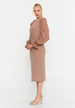 Load image into Gallery viewer, Round-Neck Midi Dress with Sheer Chiffon Sleeves, Waist Ring Detail, and Front Slit