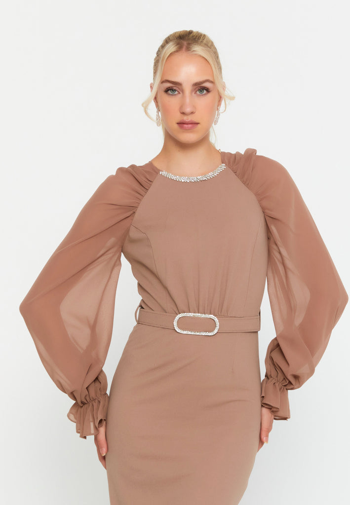 Round-Neck Midi Dress with Sheer Chiffon Sleeves, Waist Ring Detail, and Front Slit