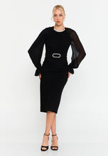 Load image into Gallery viewer, Round-Neck Midi Dress with Sheer Chiffon Sleeves, Waist Ring Detail, and Front Slit