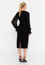 Load image into Gallery viewer, Round-Neck Midi Dress with Sheer Chiffon Sleeves, Waist Ring Detail, and Front Slit