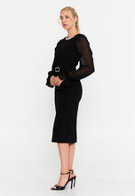 Load image into Gallery viewer, Round-Neck Midi Dress with Sheer Chiffon Sleeves, Waist Ring Detail, and Front Slit
