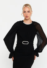 Load image into Gallery viewer, Round-Neck Midi Dress with Sheer Chiffon Sleeves, Waist Ring Detail, and Front Slit