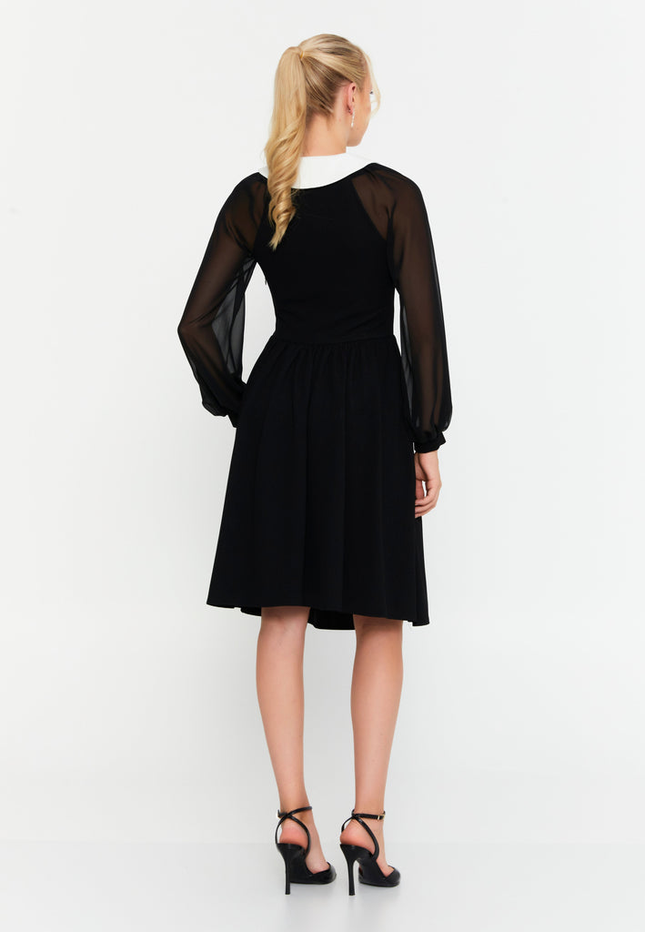 Midi Dress with Contrast Collar, Sheer Mesh Sleeves, and Waist-Cinching Design