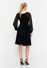 Load image into Gallery viewer, Midi Dress with Contrast Collar, Sheer Mesh Sleeves, and Waist-Cinching Design