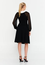 Midi Dress with Contrast Collar, Sheer Mesh Sleeves, and Waist-Cinching Design