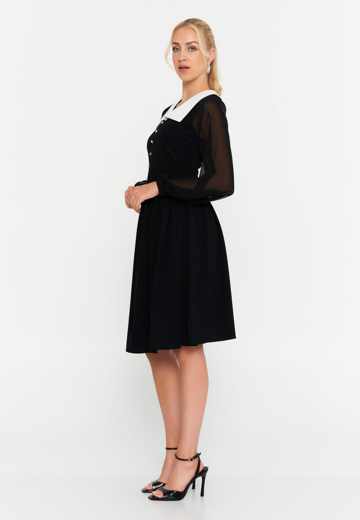 Midi Dress with Contrast Collar, Sheer Mesh Sleeves, and Waist-Cinching Design