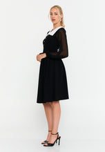Load image into Gallery viewer, Midi Dress with Contrast Collar, Sheer Mesh Sleeves, and Waist-Cinching Design